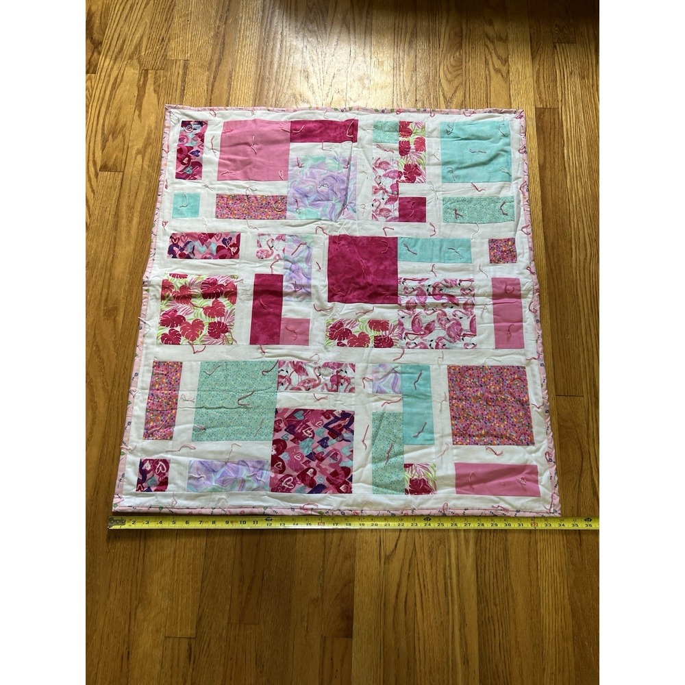 Handmade Baby Quilt Pink Flamingo Patchwork Cotton Blanket 36x36